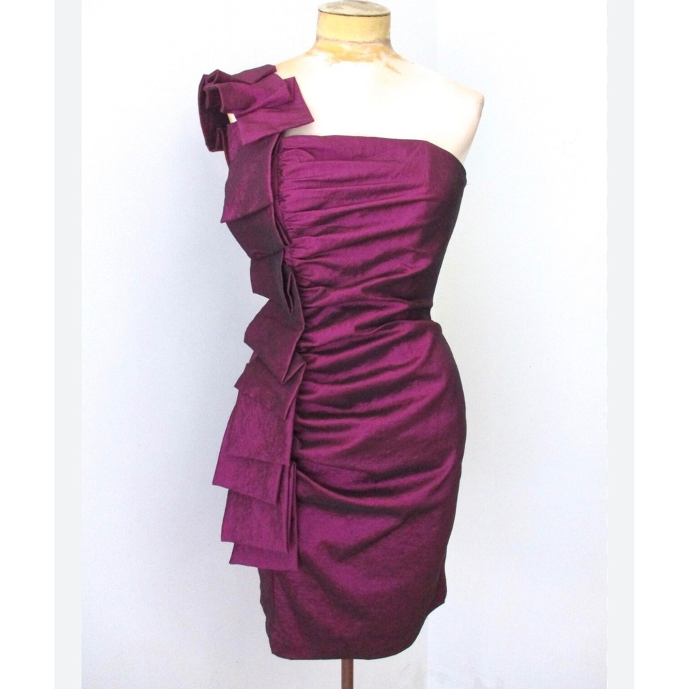 Cache One Shoulder Ruffle Cocktail Dress Womens 10 Purple Ruched Party Formal